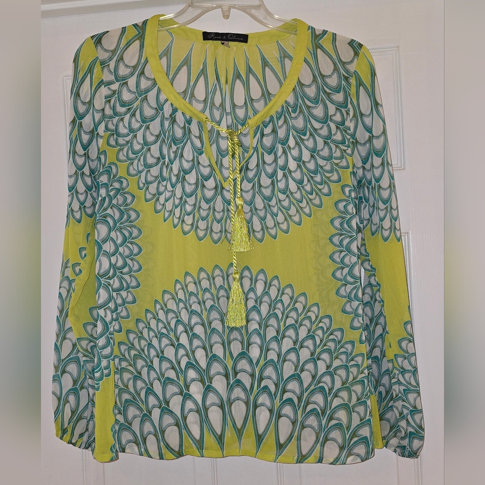 Rose & Olive Lime and Teal Patterned Blouse
